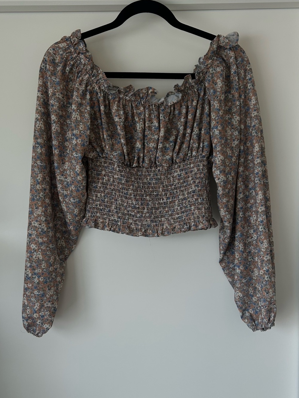 Smocked Floral Peasant Blouse in Blue & Brown